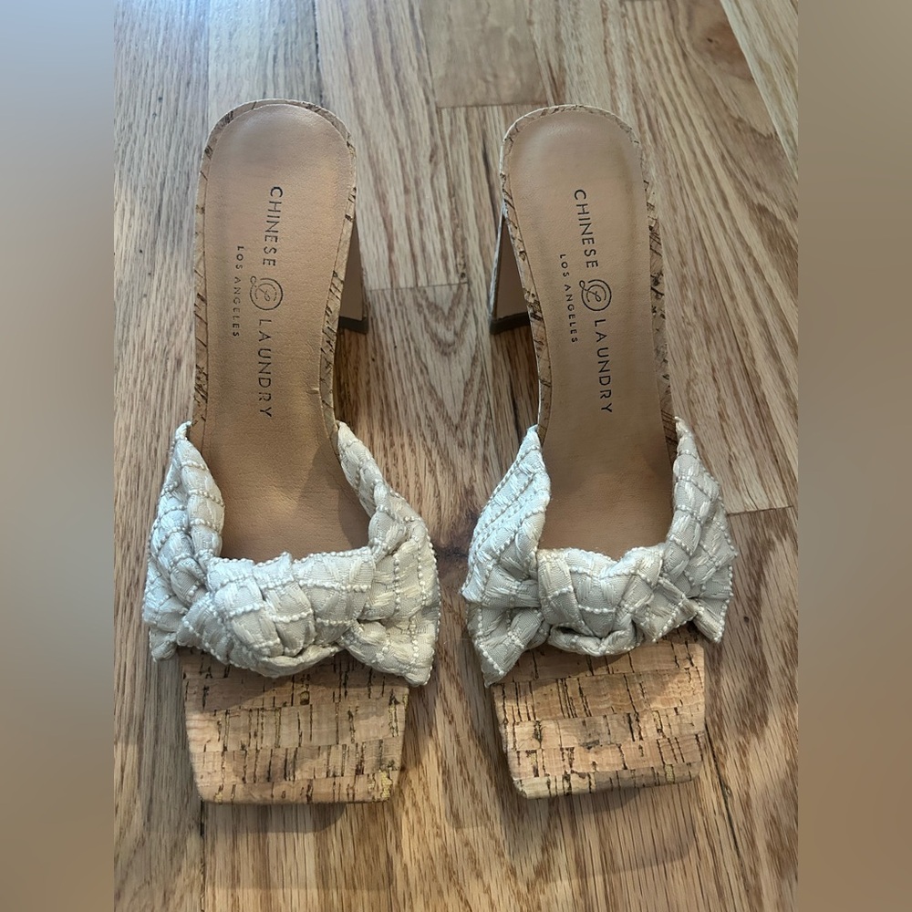 Chinese Laundry Cream and Tan Woven Mules